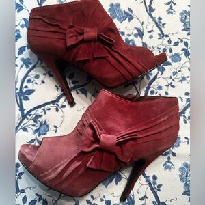 Aldo Burgundy Suede Peep-Toe Bow Stiletto Booties